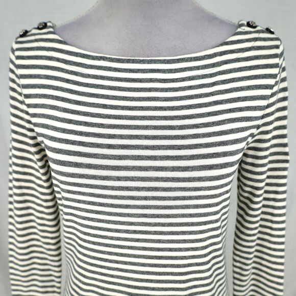 Tory Burch Dress Womens Small Ivory Gray Stripe T Shirt Knit Buttons Logo - Picture 9 of 12